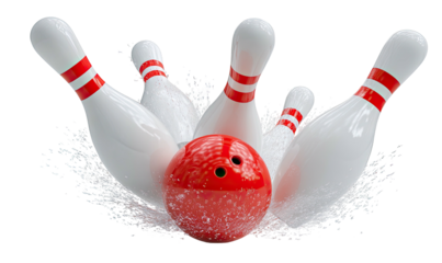 A red bowling ball colliding with white pins, creating a splash of water