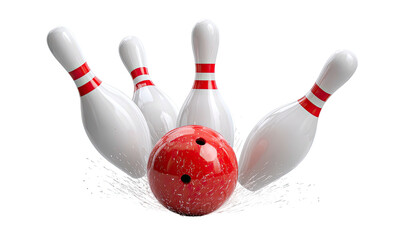 A red bowling ball strikes white pins, illustrating the moment of impact and splash against a black backdrop