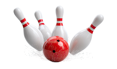 A red bowling ball strikes white pins, illustrating the moment of impact and splash against a black backdrop