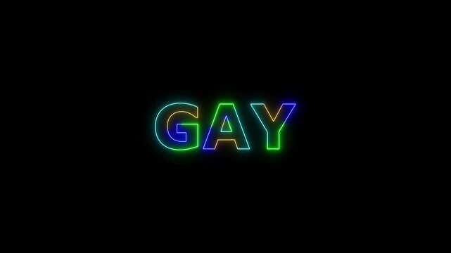GAY colored text. Laser vintage effect. Infinite loadable, 4 ti neon color , neon sign glowing against a black background wk video.