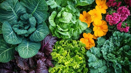 A backyard garden in full bloom with a mix of vibrant flowers and vegetables growing alongside each other.