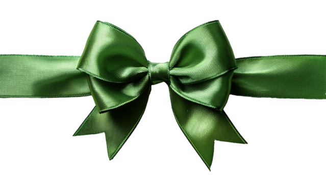 Green satin bow with realistic silky ribbon on transparent background. Perfect for eco-themed gifts, Christmas decorations, and celebration design