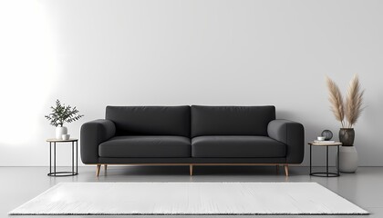 Modern minimalist living room with black sofa and neutral decor