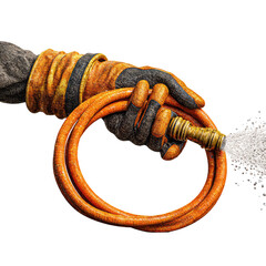 Illustration of a gloved hand spraying water from an orange hose with a black background