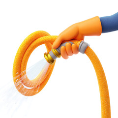 Cartoon hand in orange glove gripping yellow hose, spraying water against transparent background