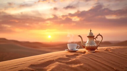 Ornate Arabic Coffee Pot & Cup on Desert Dunes at Sunset, Middle Eastern Hospitality, Traditional Majlis, Warm Beverage, Travel Concept