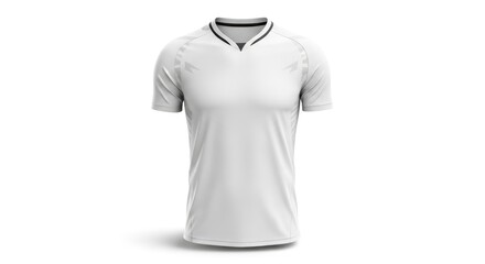 A white short-sleeved athletic t-shirt with a black v-neck collar and subtle grey patterns on the shoulders displayed on a white background