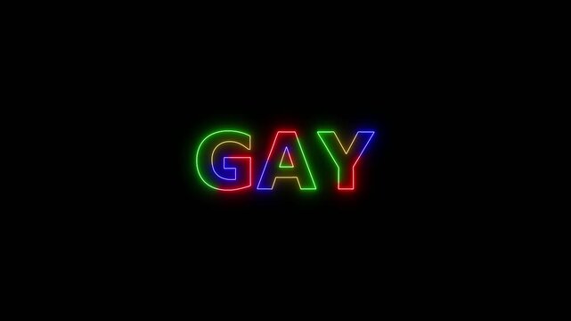 GAY colored text. Laser vintage effect. Infinite loadable, 4 ti neon color , neon sign glowing against a black background wk video.