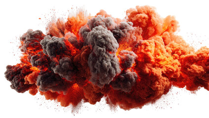 A vivid explosion, showcasing fiery orange and grey clouds expanding against a black background