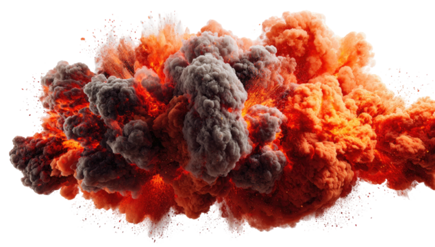 A vivid explosion, showcasing fiery orange and grey clouds expanding against a black background