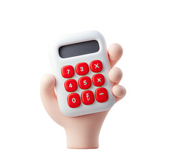 Cartoon hand holding a white calculator with red buttons, isolated on a black background
