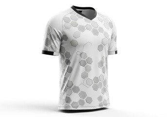 A white short-sleeved V-neck shirt features a scattered grey hexagonal pattern with subtle embossed details black collar and cuffs against a bright white background