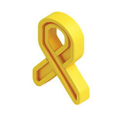 Rendered, isometric view of a vibrant yellow ribbon symbol on a solid black background
