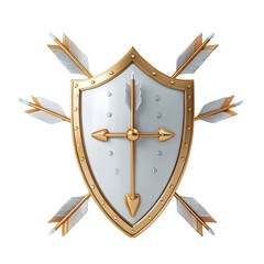 3D rendered shield with four arrows piercing it, gold-rimmed, silver-centered, against a black background