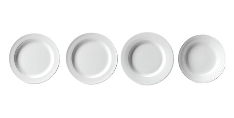 Four white ceramic plates of varied designs are aligned horizontally on a seamless black background