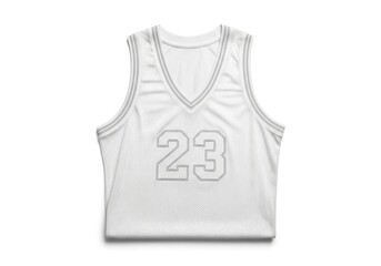 A white sleeveless athletic jersey with a V-neck and the number 23 in grey outline presented flat on a clean white background
