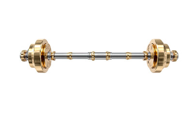 A weightlifting barbell, gold-plated with chrome, isolated on a black background, centered