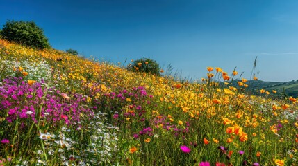 A vibrant field filled with colorful wildflowers under a clear blue sky, creating a serene, natural landscape.