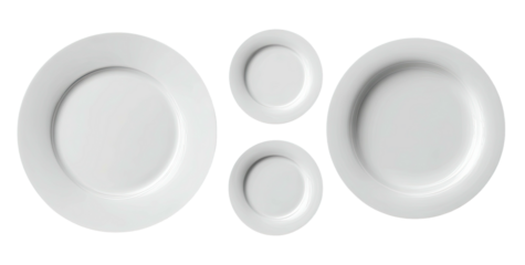 Overhead view showcasing two dinner plates and two smaller saucers, all with a classic white design