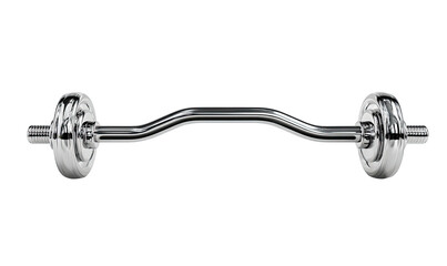 A shiny metal curling bar, showing curves for grip and weight fixtures on both ends, isolated on black