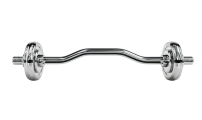 A shiny metal curling bar, showing curves for grip and weight fixtures on both ends, isolated on black