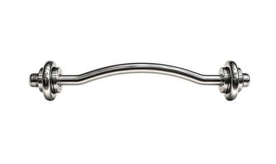 A curved, chrome-plated barbell isolated against a black background, showcasing strength training equipment