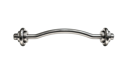 A curved, chrome-plated barbell isolated against a black background, showcasing strength training equipment