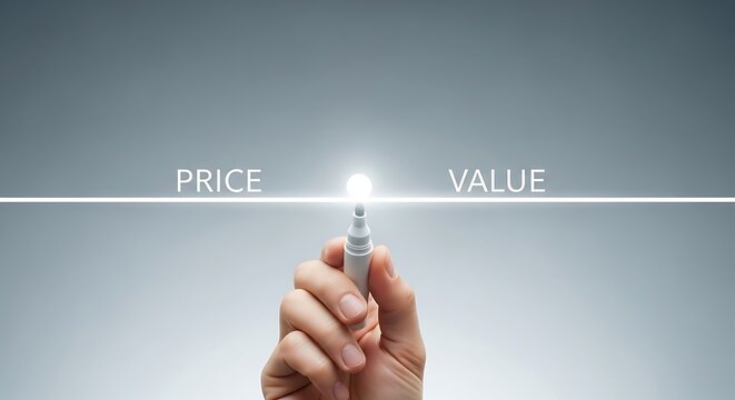 Hand holding a pen between the words price and value, illustrating the concept of finding the balance between them both