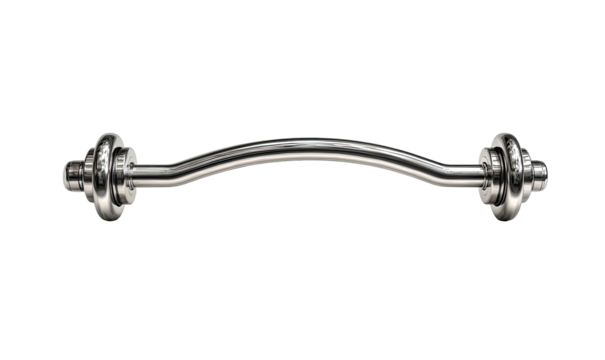 A curved, chrome-plated barbell isolated against a black background, showcasing strength training equipment