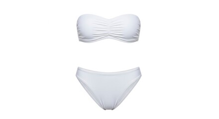 A white two-piece swimsuit features a strapless ruched bandeau top and a matching plain bikini bottom displayed on a clean white background