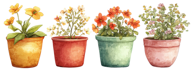 Watercolor-style depiction of four potted flowers with various colors and textures on a black background