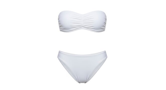 A white two-piece swimsuit features a strapless ruched bandeau top and a matching plain bikini bottom displayed on a clean white background