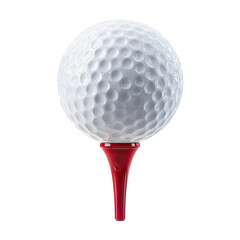 A close-up shot of a white dimpled ball positioned on a vibrant red tee against a dark background