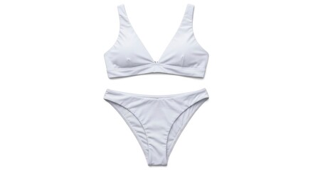 A white two-piece swimwear set featuring a triangle top and high-cut bottoms is laid flat against a pristine background with subtle shadows