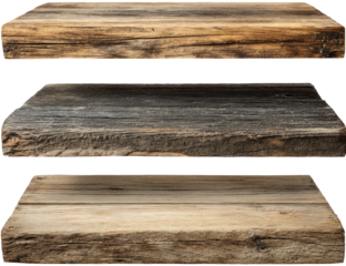 Three isolated rustic wooden shelves with different tones, perfect for product display