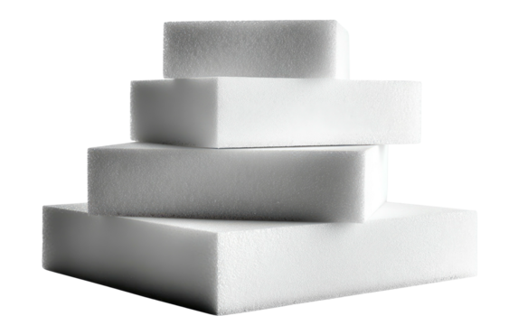 Stacked rectangular foam blocks against a transparent background, varying in size