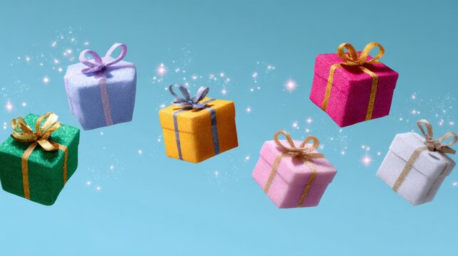 Colorful gift boxes in various sizes and shapes, adorned with ribbons, floating against a soft blue background, creating a festive atmosphere perfect for celebrations and special occasions