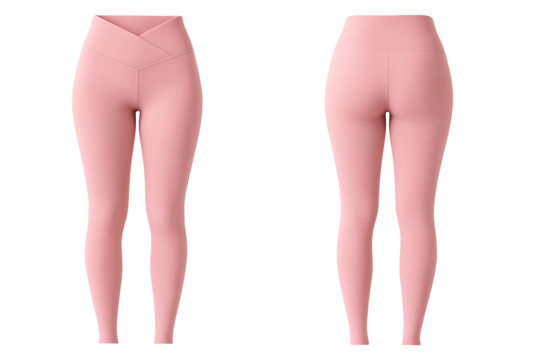 Pink v-waist women's leggings front and back view isolated on transparent background