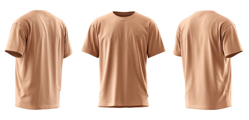 A triptych showcasing a plain, tan t-shirt, in front and side views, isolated on a black background