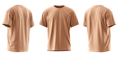 A triptych showcasing a plain, tan t-shirt, in front and side views, isolated on a black background