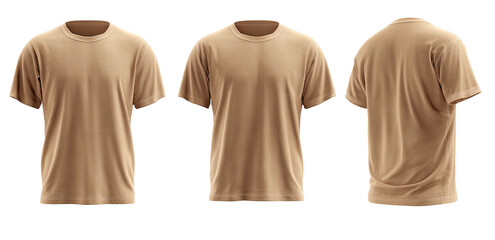 A three-view image showcasing a basic, short-sleeved, round-neck garment in a neutral, earthy tone