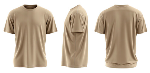 Three views of a beige, short-sleeved, crew-neck tee shirt front, side, and back