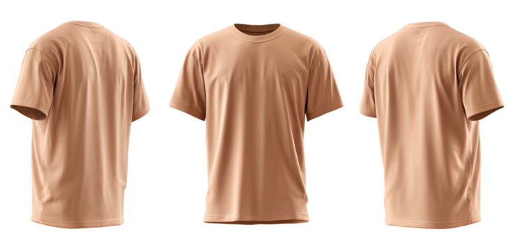 A triptych showcasing a plain, tan t-shirt, in front and side views, isolated on a black background