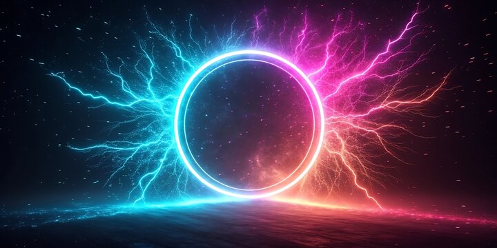 Neon Ring Portal Surrounded by Electric Blue and Pink Lightning Strikes in a Dark Cosmic Space glowing