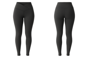 Dark grey v-waist women's leggings front and back view isolated on transparent background