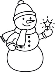Charming hand-drawn snowman character holding a sparkly star festive winter celebration icon art for holiday designs