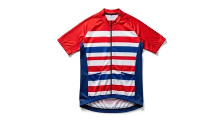 An athletic short-sleeve top featuring horizontal red white and blue stripes a full zipper and rear pockets laid flat on a white surface