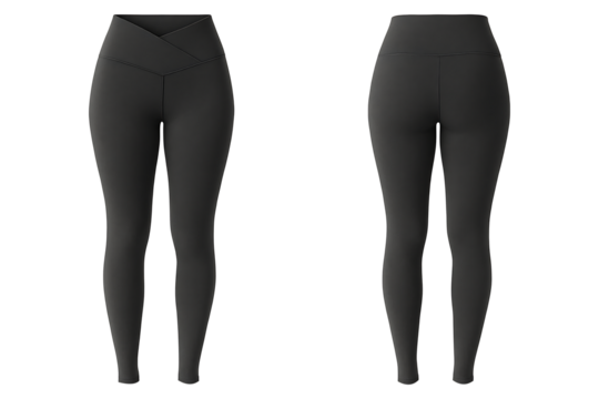 Dark grey v-waist women's leggings front and back view isolated on transparent background