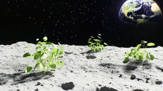 Lunar landscape with flora growing on the surface