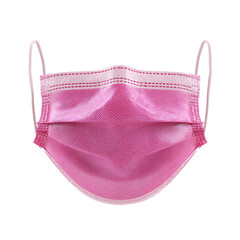 Close-up shot of a pink disposable face mask with ear loops, isolated on a black background
